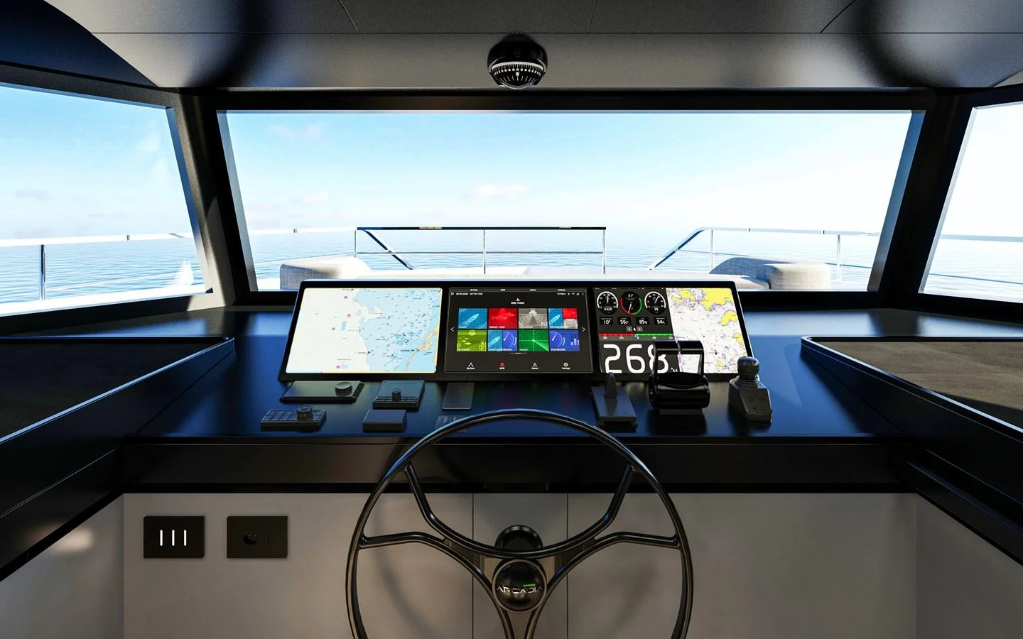 The helm station features state-of-the-art navigation equipment and panoramic views. aboard A80NEW Yacht for Sale