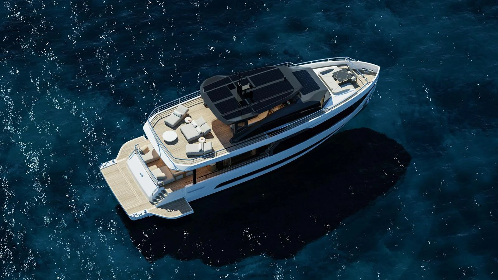 A sleek and modern yacht glides through the deep blue waters, showcasing its spacious flybridge and elegant design. aboard A80NEW Yacht for Sale