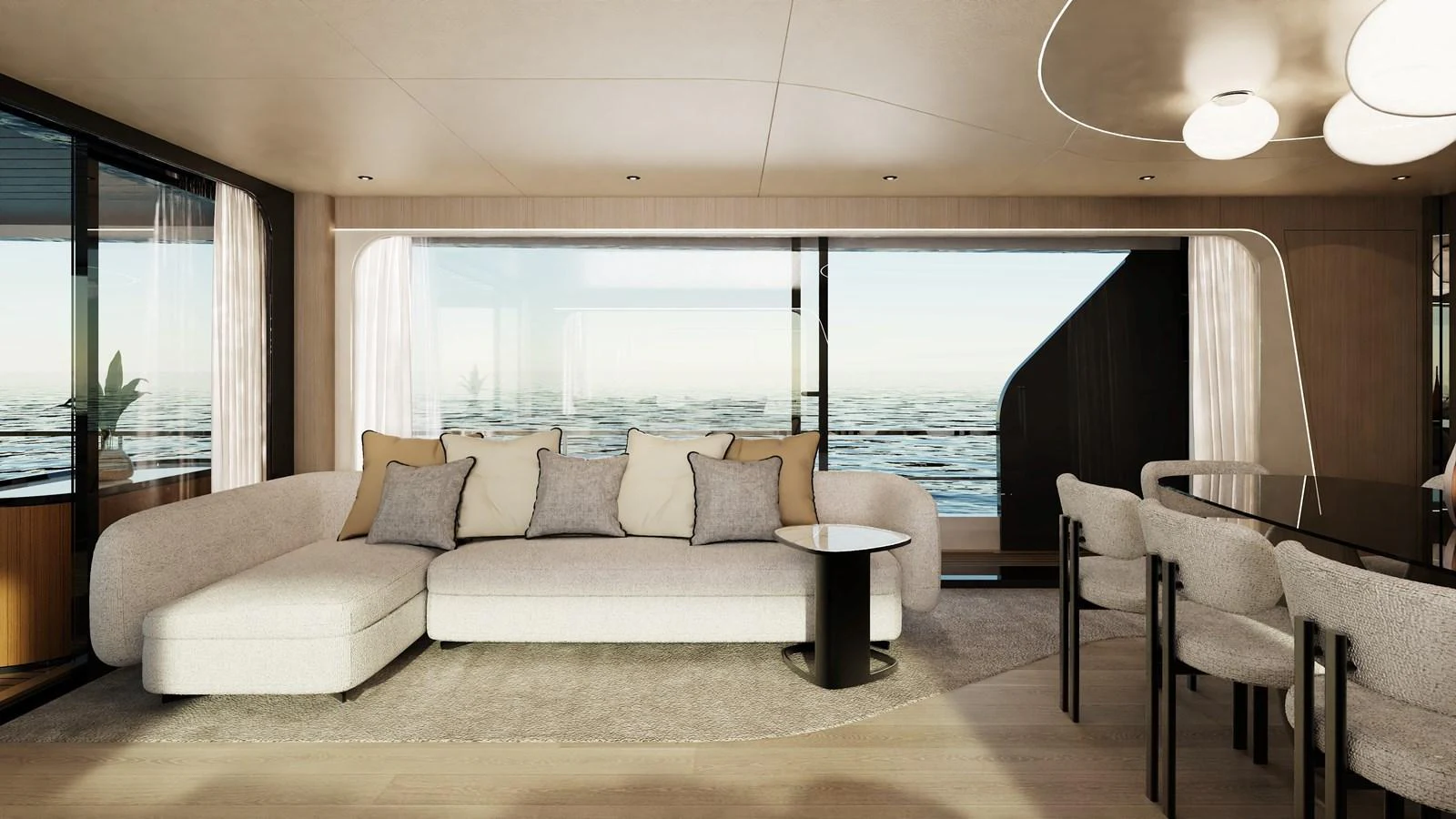 The salon offers a luxurious and spacious seating area with panoramic ocean views. aboard A80NEW Yacht for Sale