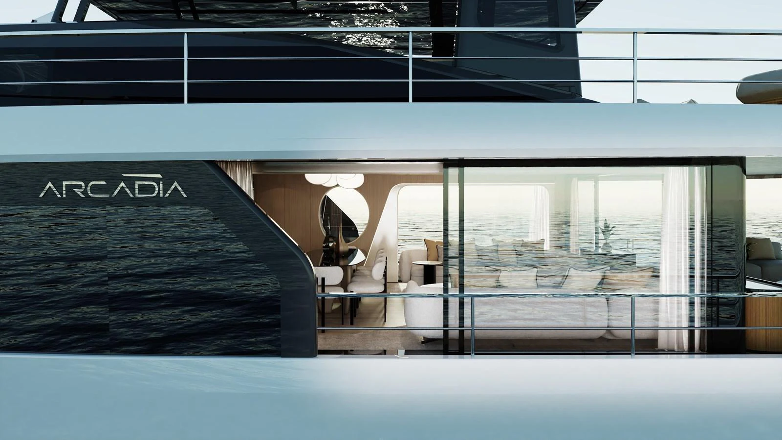 A sleek yacht exterior with a view into the luxurious interior living space. aboard A80NEW Yacht for Sale