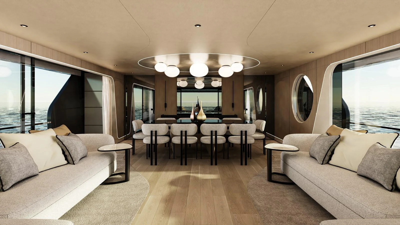 The salon features elegant seating and a sophisticated dining area with panoramic views. aboard A80NEW Yacht for Sale