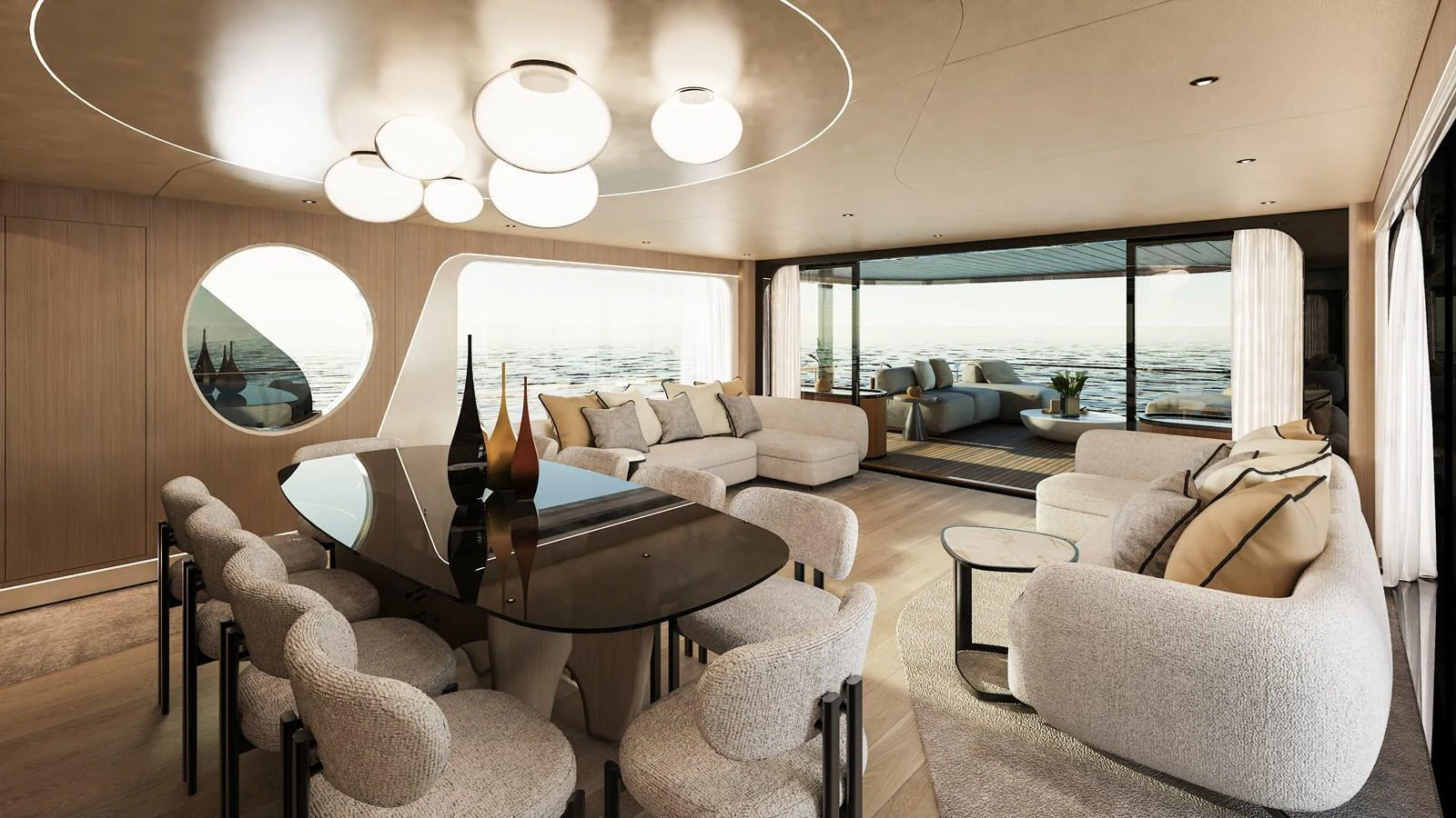 The salon features elegant seating with panoramic views of the ocean. aboard A80NEW Yacht for Sale