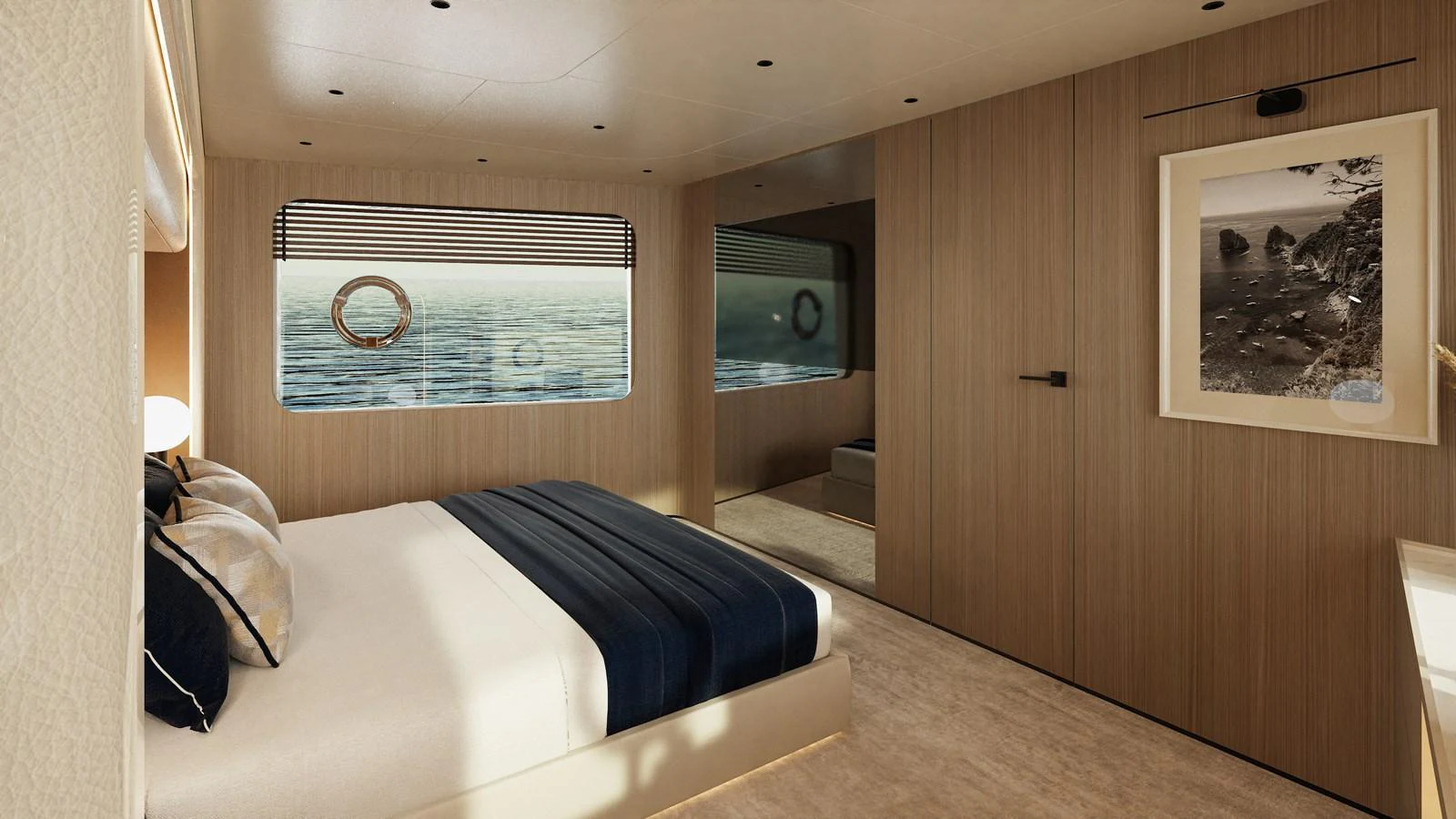 A serene stateroom with a large window offering a view of the sea. aboard A80NEW Yacht for Sale