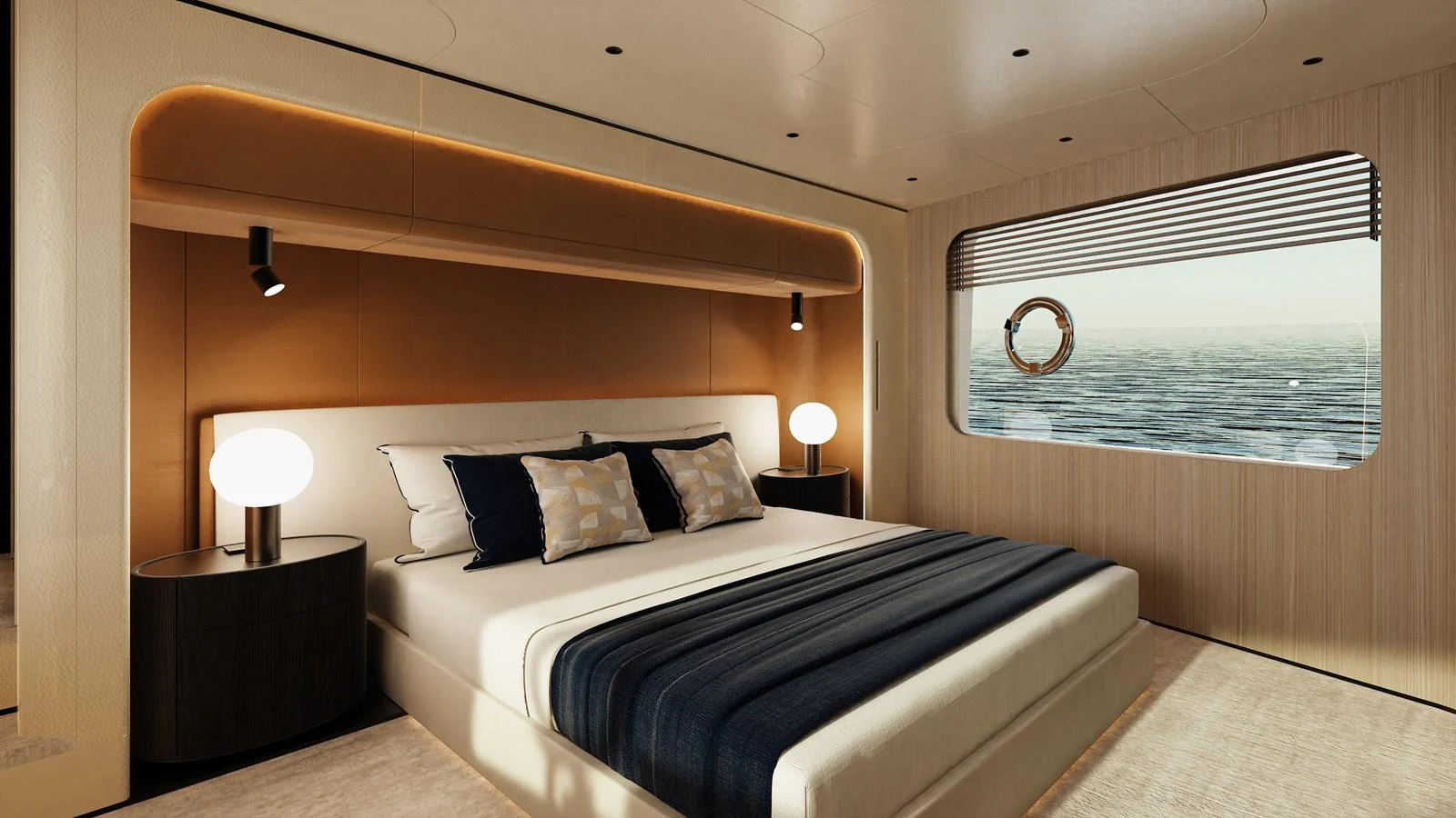 The stateroom features a luxurious bed with a view of the sea through a large window. aboard A80NEW Yacht for Sale