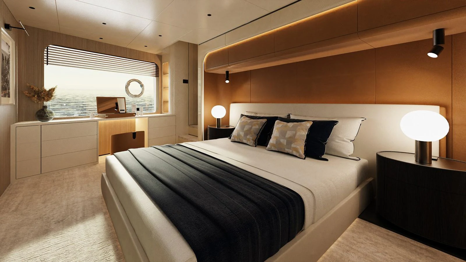 The master stateroom offers a luxurious and serene retreat with elegant furnishings and a stunning view. aboard A80NEW Yacht for Sale