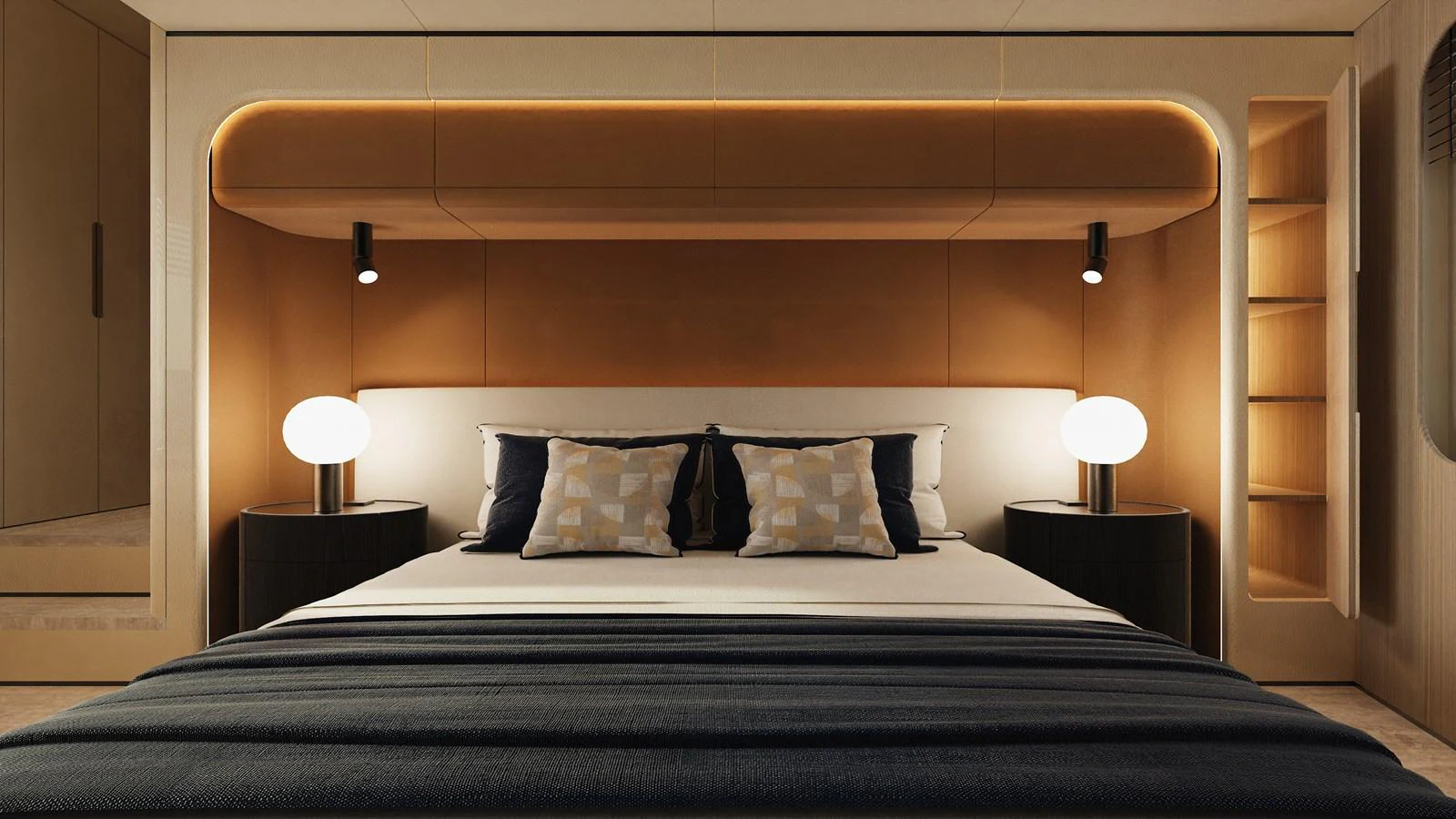 A luxurious stateroom featuring a plush bed with elegant lighting and modern decor. aboard A80NEW Yacht for Sale