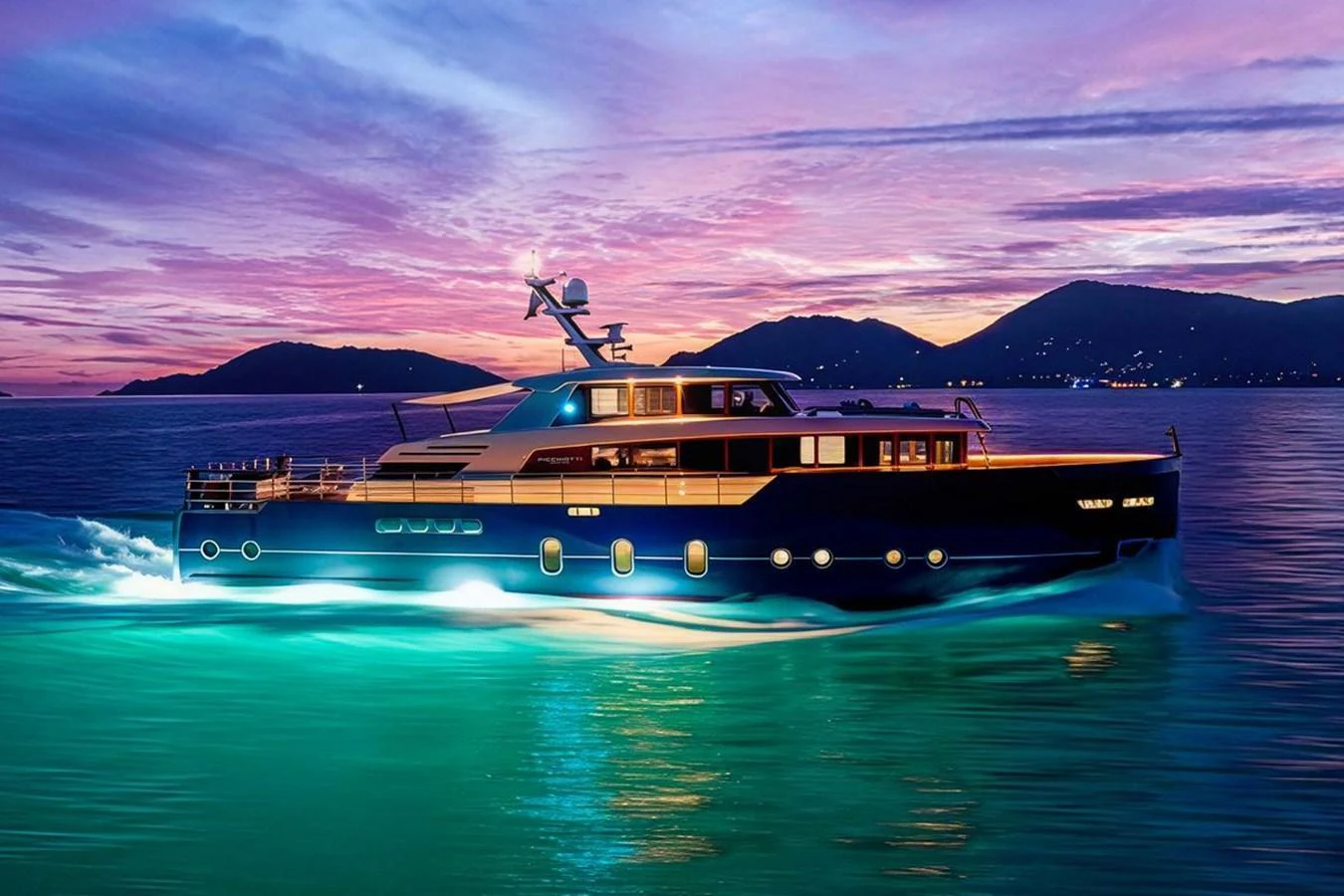 A luxurious yacht cruises through serene waters at sunset, illuminated by vibrant underwater lights. aboard PICCHIOTTI 24 Yacht for Sale