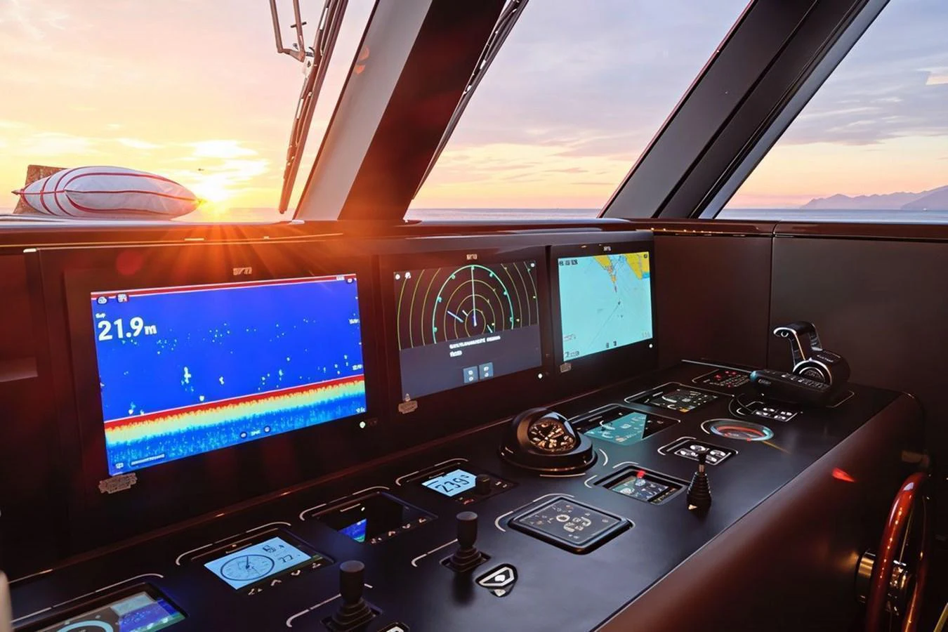The helm station features advanced navigation equipment and offers a stunning view of the sunset. aboard PICCHIOTTI 24 Yacht for Sale
