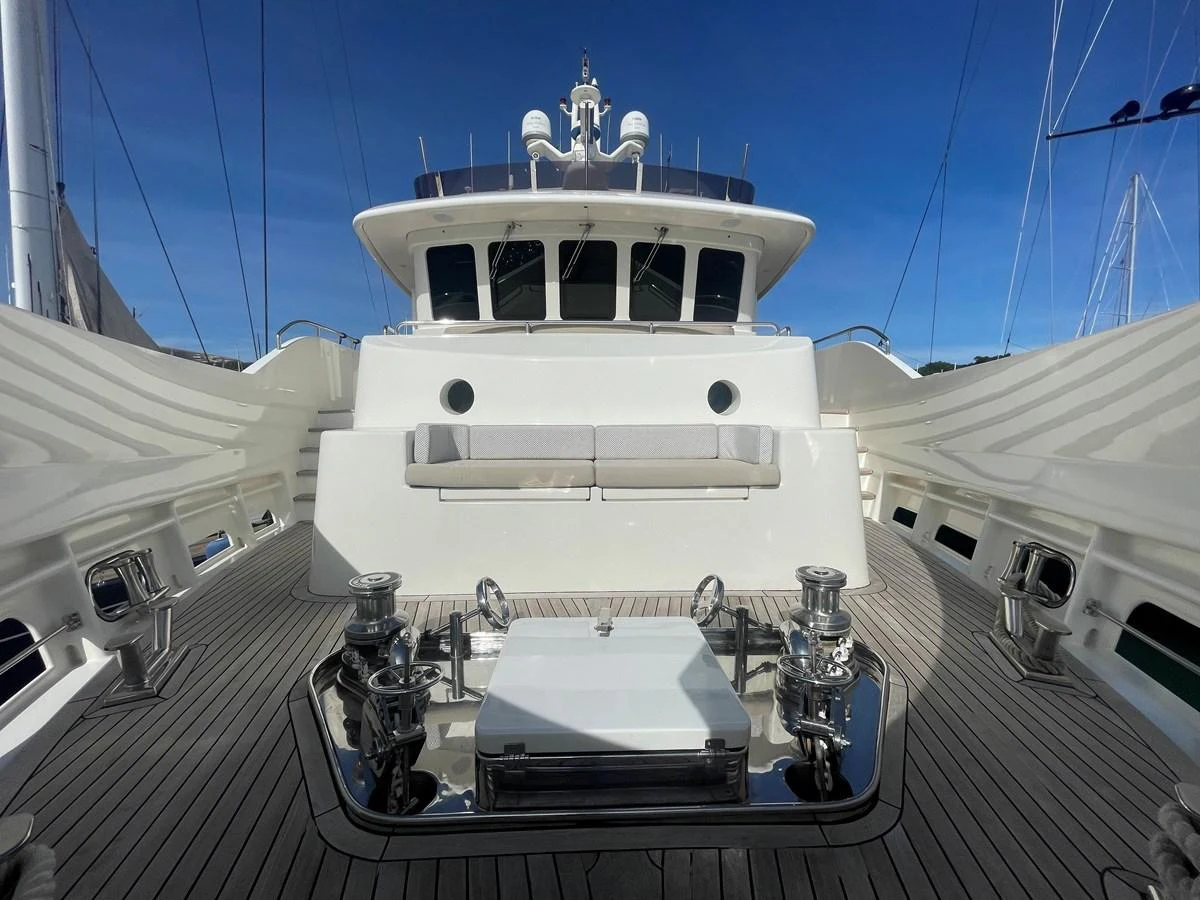 The foredeck features a spacious seating area with a sleek, modern design. aboard STELLA DEL NORD Yacht for Sale