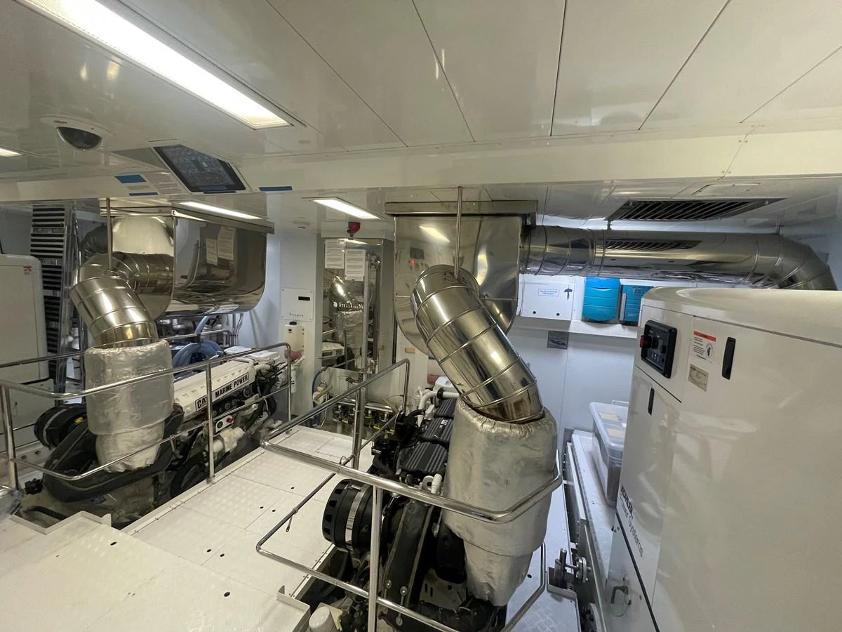The engine room is equipped with advanced machinery and pristine stainless steel components. aboard STELLA DEL NORD Yacht for Sale