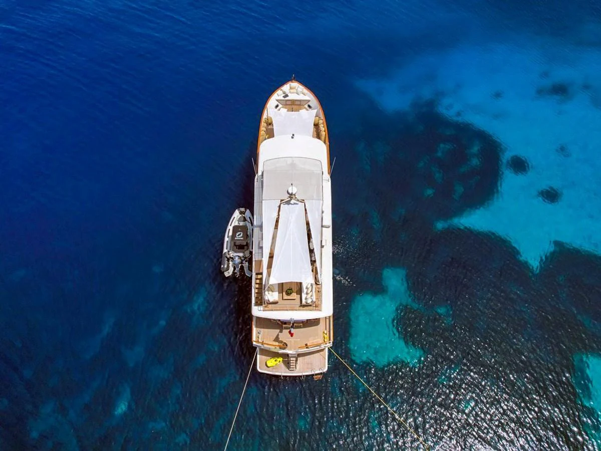 Aerial view of a yacht anchored in crystal-clear blue waters. aboard STALCA Yacht for Sale
