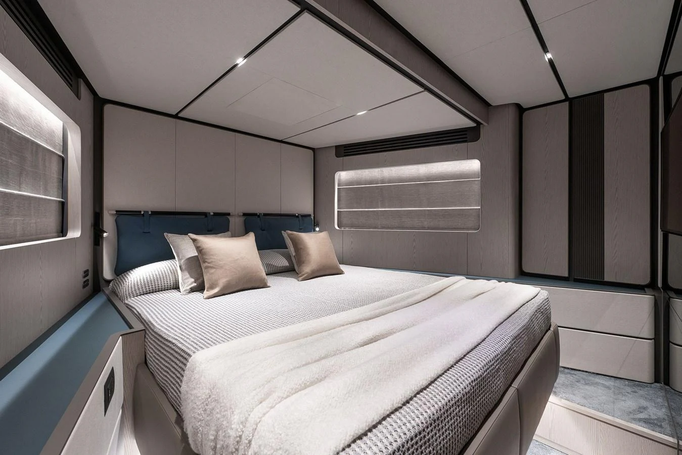 The stateroom offers a serene and luxurious sleeping area with modern design elements. aboard INFYNITO 80 Yacht for Sale