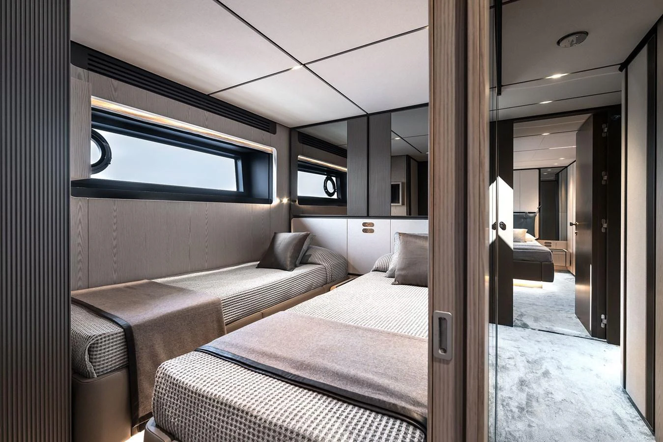 The guest stateroom features twin beds and a modern, elegant design with ample natural light. aboard INFYNITO 80 Yacht for Sale