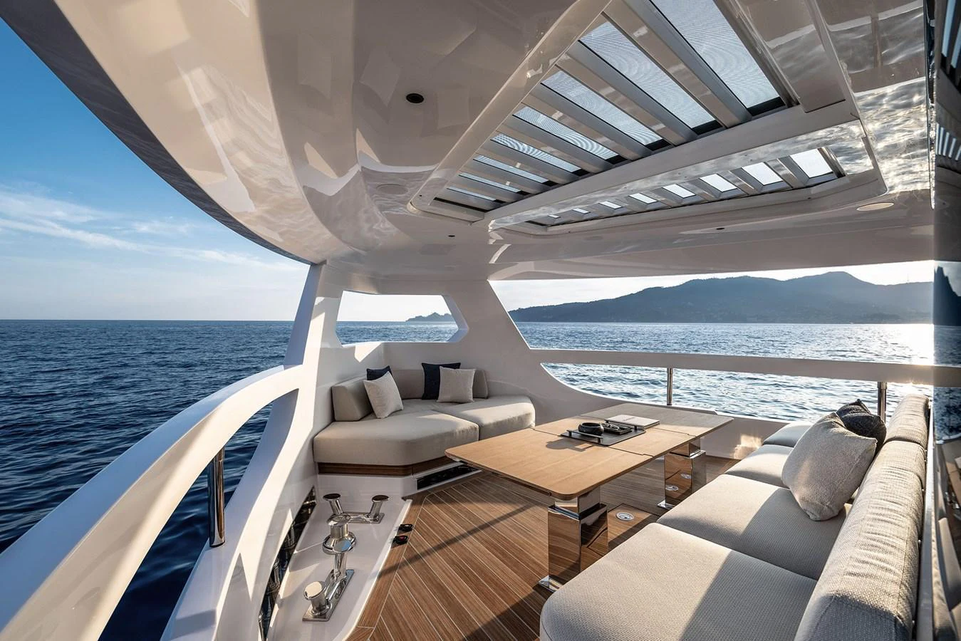 The aft deck offers a luxurious outdoor seating area with a stunning ocean view. aboard INFYNITO 80 Yacht for Sale