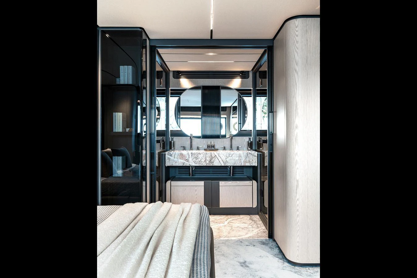 The master stateroom features a luxurious ensuite bathroom with modern fixtures and elegant design. aboard INFYNITO 80 Yacht for Sale