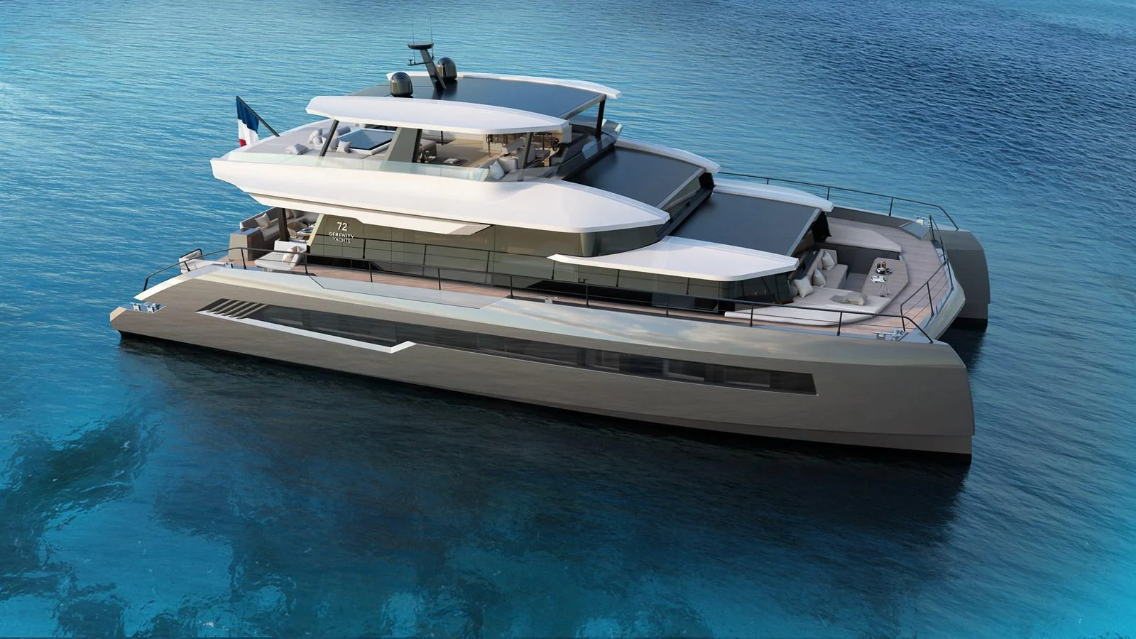 A sleek, modern yacht with multiple decks is gracefully floating on calm blue waters. aboard CELESTIA 72 Yacht for Sale