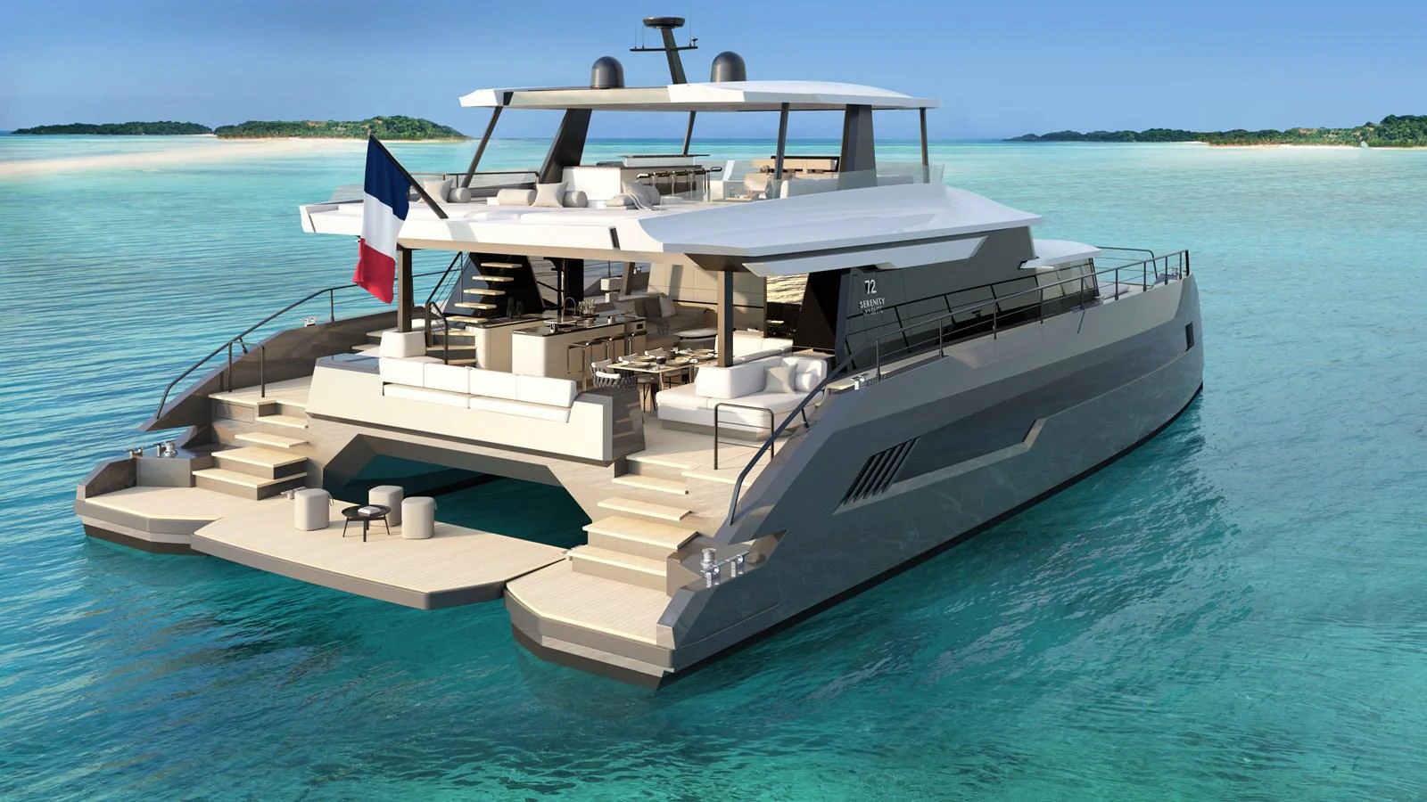 This luxurious yacht features an expansive aft deck with elegant seating and a swim platform, perfect for enjoying the serene waters. aboard CELESTIA 72 Yacht for Sale