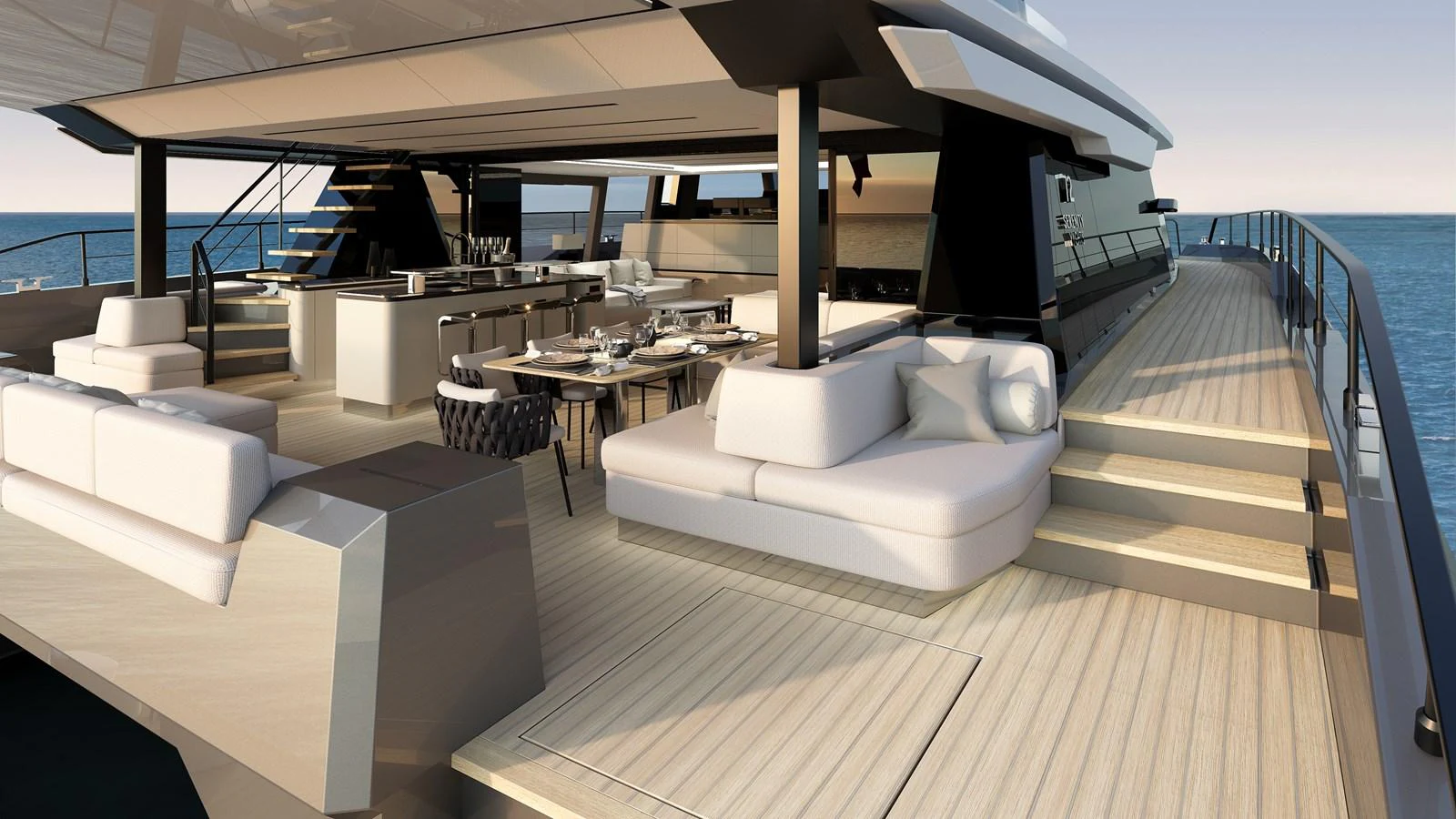 The yacht's aft deck features luxurious seating and dining areas with a modern design. aboard CELESTIA 72 Yacht for Sale