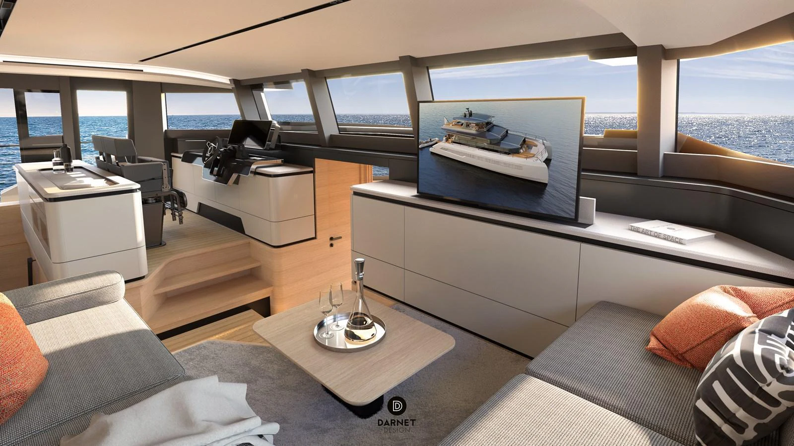 The salon features modern furnishings with panoramic windows offering stunning ocean views. aboard CELESTIA 72 Yacht for Sale