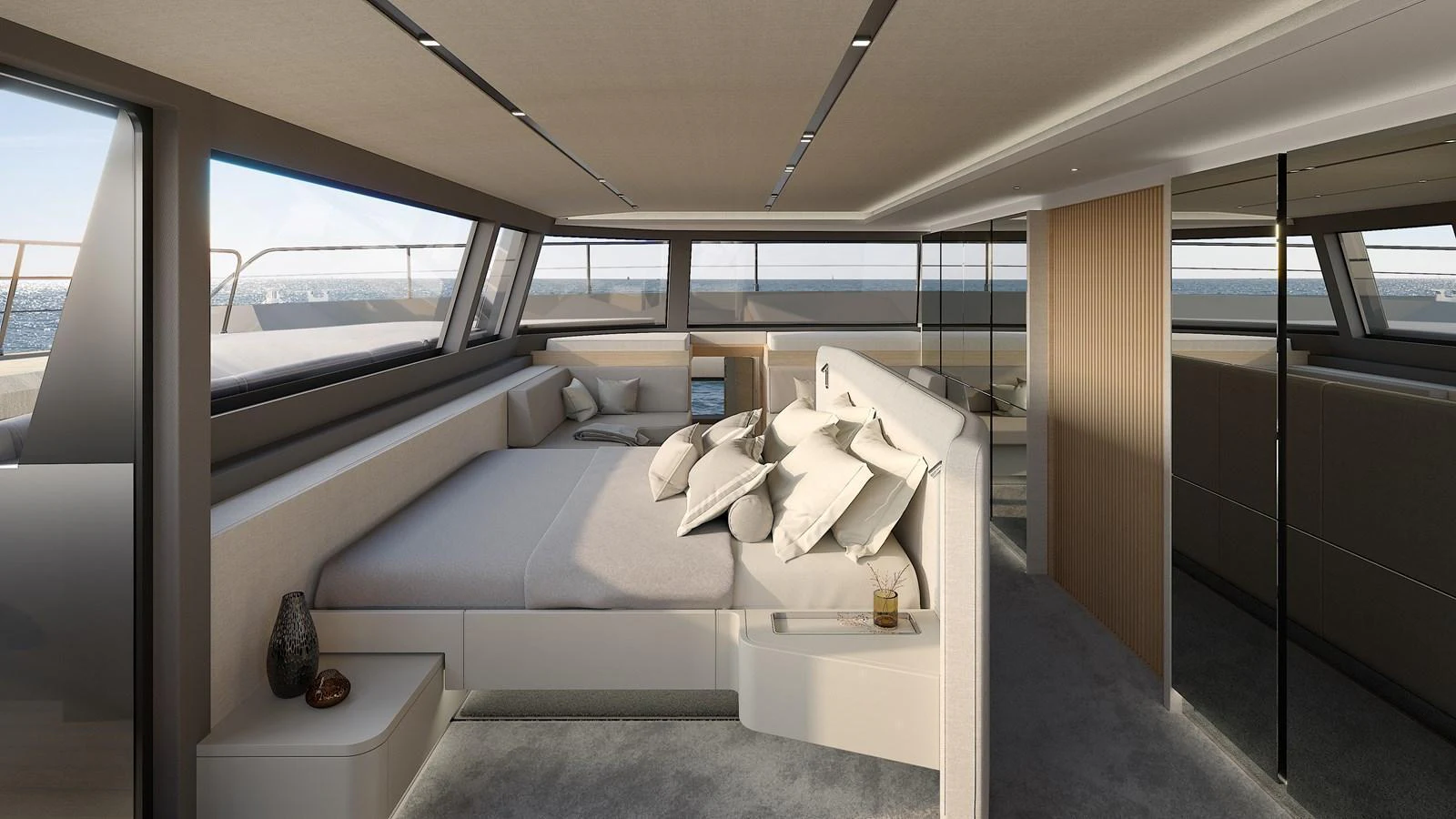 The stateroom features a spacious bed with ample natural light from large windows. aboard CELESTIA 72 Yacht for Sale