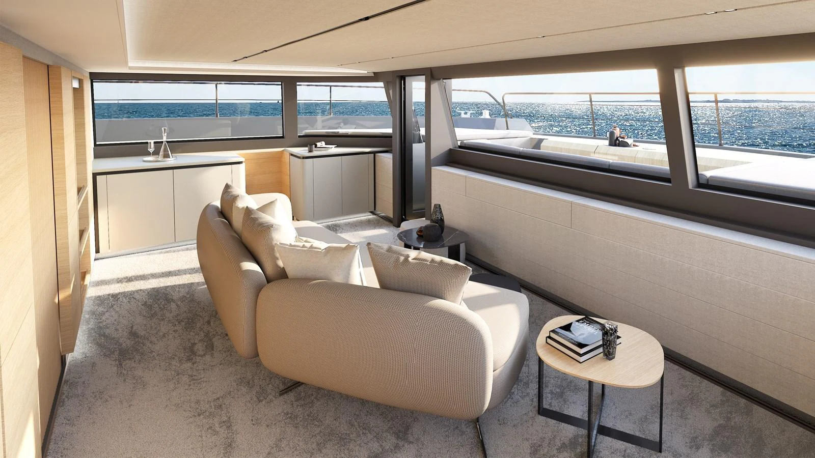 The salon offers a spacious and luxurious seating area with panoramic ocean views. aboard CELESTIA 72 Yacht for Sale