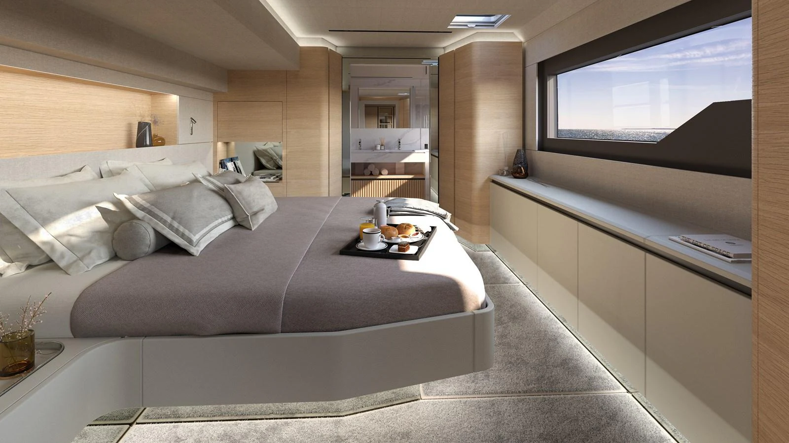 The master stateroom features a luxurious bed with elegant bedding and ample natural light from large windows. aboard CELESTIA 72 Yacht for Sale