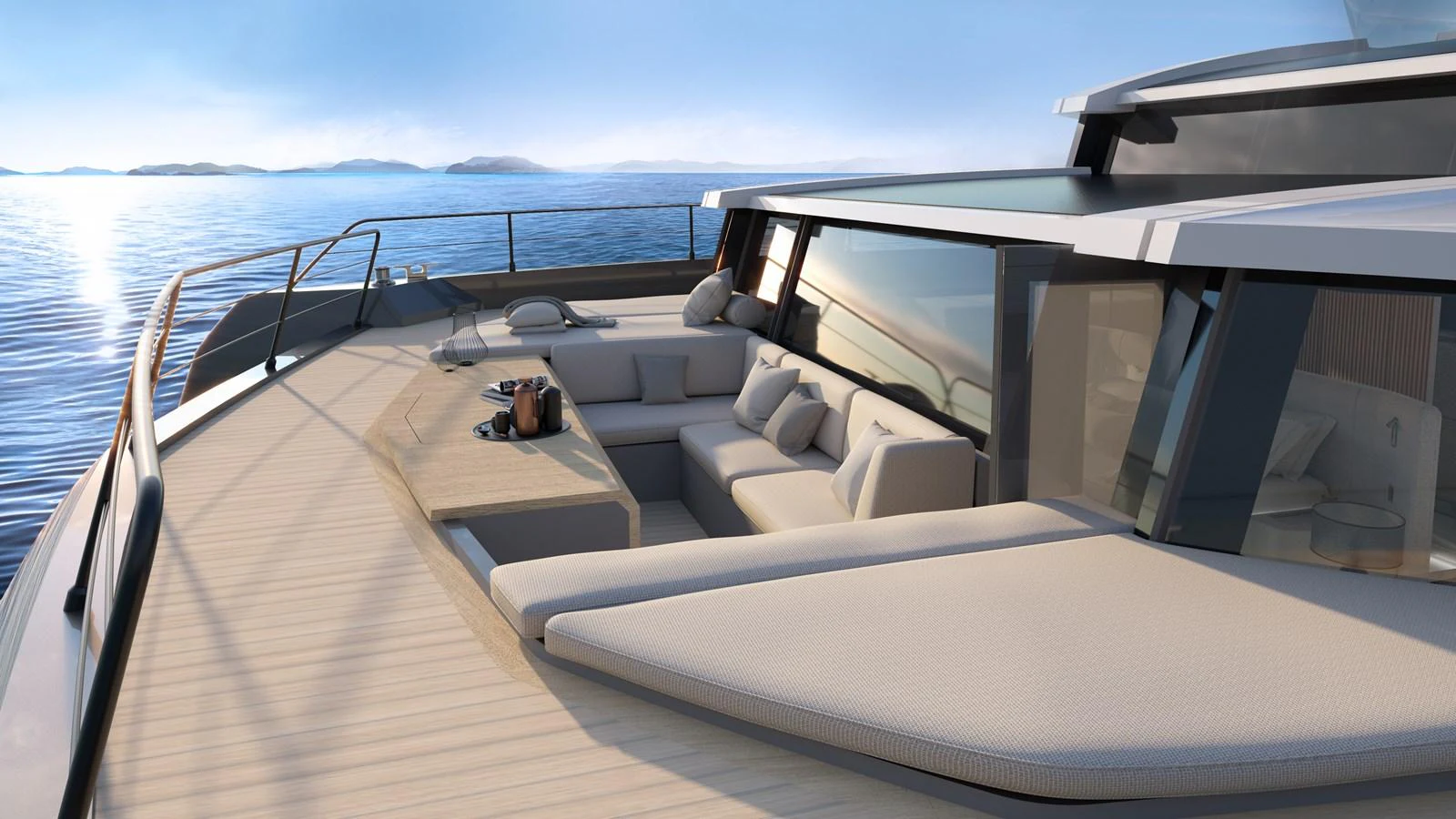 The yacht's foredeck features a luxurious seating area with plush cushions and a sleek design, perfect for relaxation and enjoying the view. aboard CELESTIA 72 Yacht for Sale