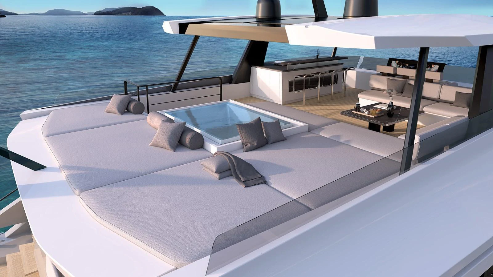 The sundeck features a luxurious lounging area with a jacuzzi, perfect for relaxation. aboard CELESTIA 72 Yacht for Sale