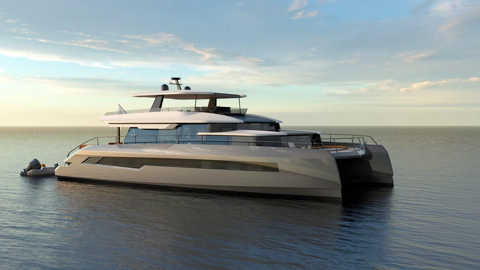 A sleek and modern catamaran yacht glides gracefully on calm waters at sunset. aboard CELESTIA 72 Yacht for Sale