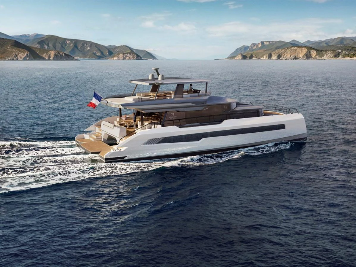 A sleek and modern yacht cruises through the open waters, showcasing its elegant design and spacious decks. aboard CELESTIA 72 Yacht for Sale