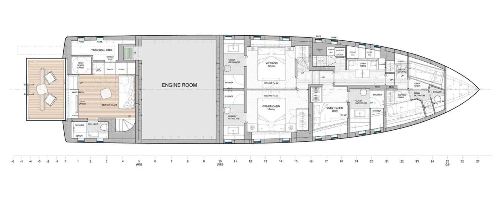 This image shows a detailed deck plan of the yacht, highlighting various rooms and areas. aboard PICCHIOTTI GENTLEMAN 24 Yacht for Sale