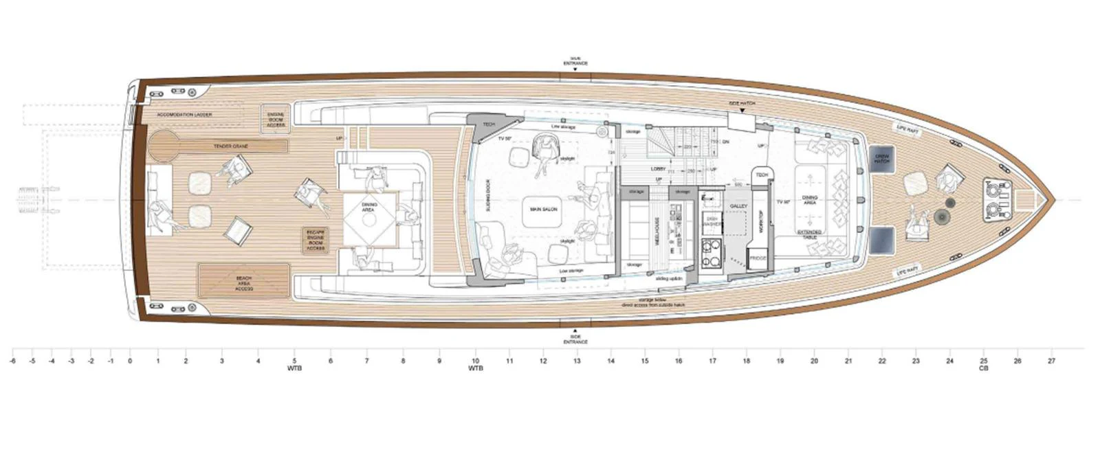 This image shows a detailed deck plan of a yacht, highlighting various areas and amenities. aboard PICCHIOTTI GENTLEMAN 24 Yacht for Sale