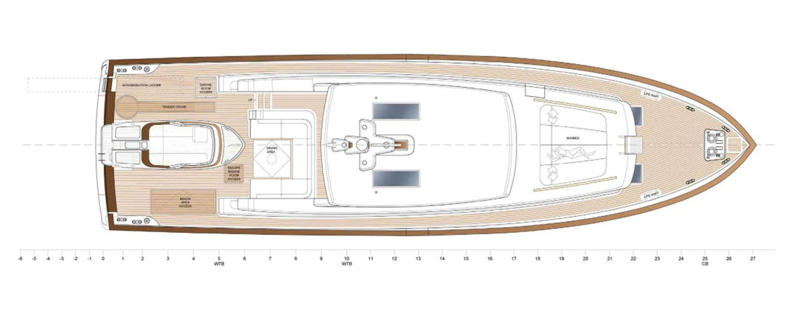 A detailed deck plan of the yacht showcasing its layout and features. aboard PICCHIOTTI GENTLEMAN 24 Yacht for Sale