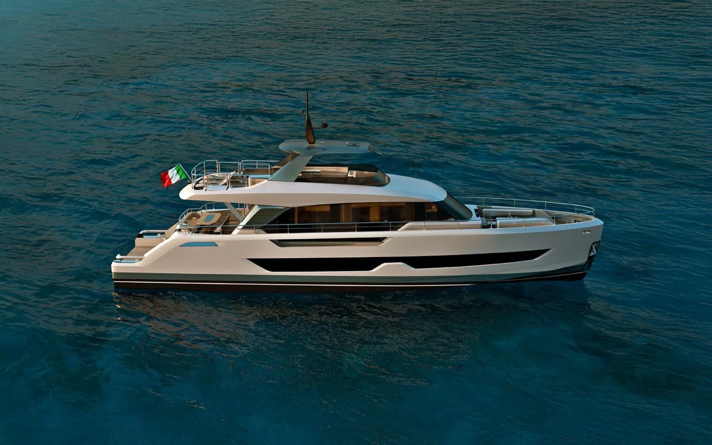 A sleek and modern yacht glides gracefully on calm waters, showcasing its elegant design and spacious decks. aboard G24 HULL#2 Yacht for Sale