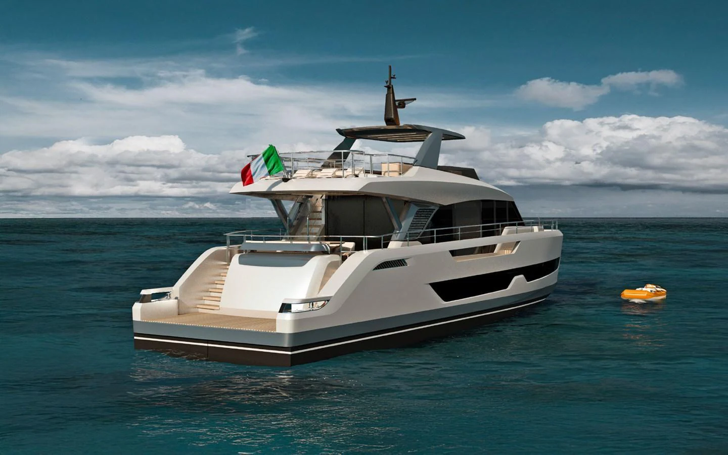 A sleek and modern yacht cruising on calm waters under a partly cloudy sky. aboard G24 HULL#2 Yacht for Sale