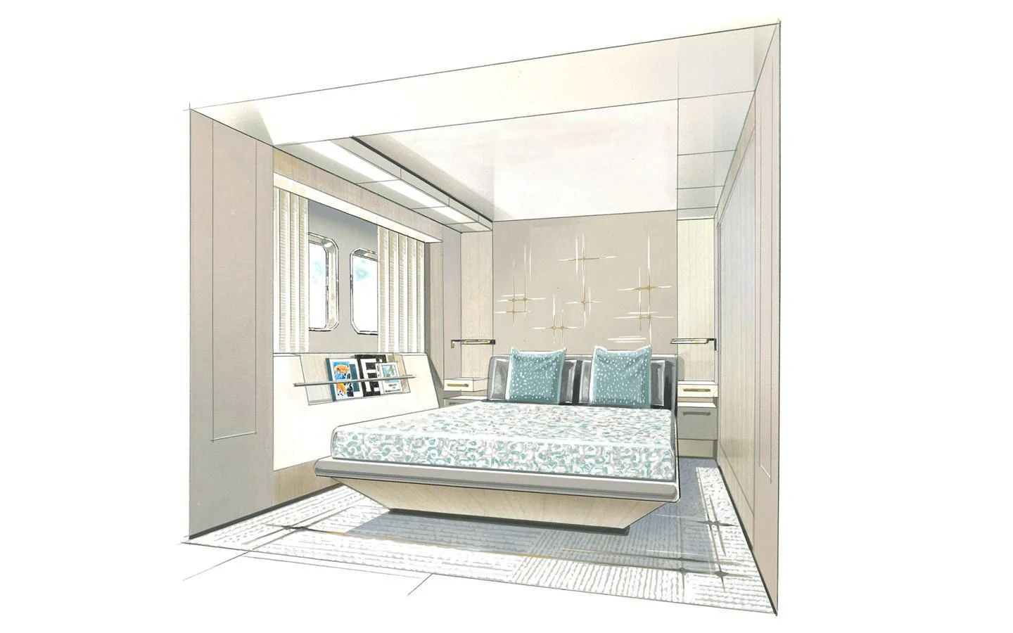 The stateroom features a modern design with a large bed and ample natural light. aboard G24 HULL#2 Yacht for Sale