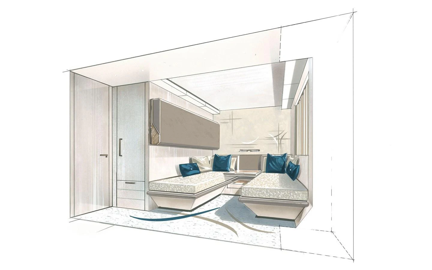 A modern stateroom with twin beds and stylish decor. aboard G24 HULL#2 Yacht for Sale