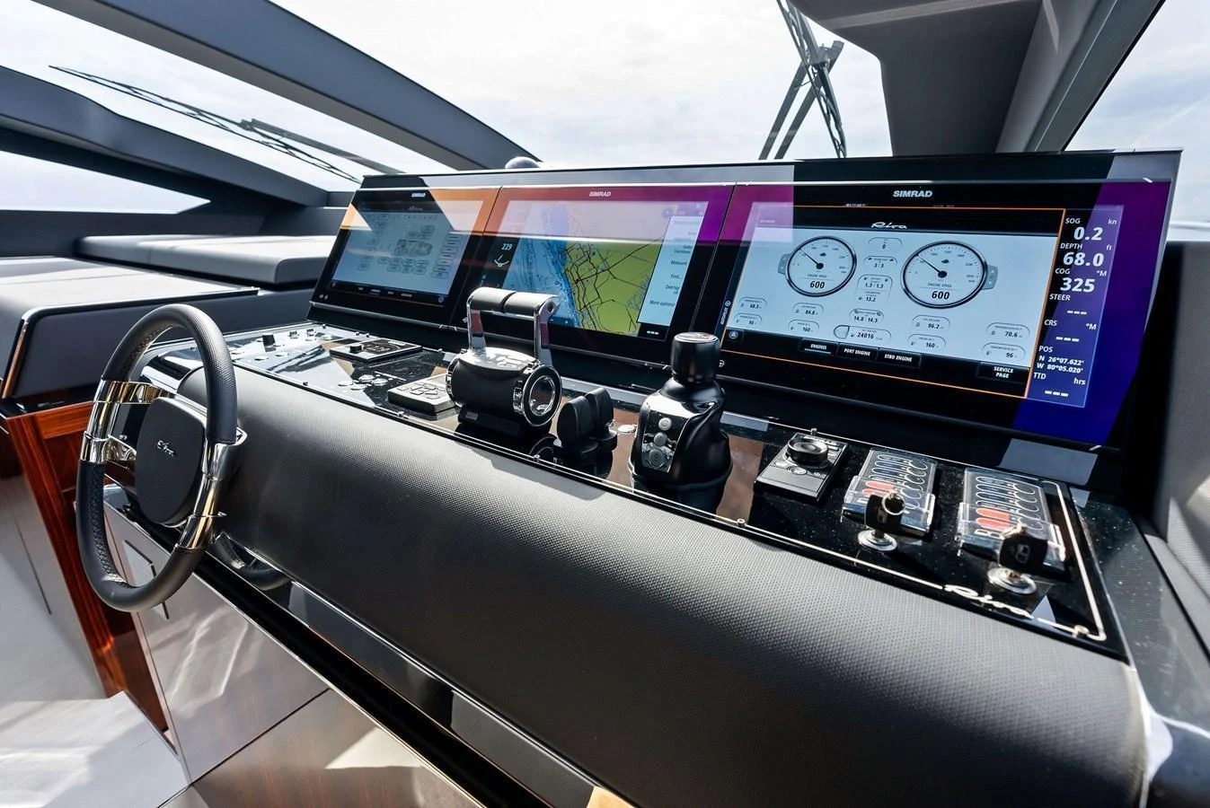 The helm features advanced navigation and control systems with a sleek, modern design. aboard FERRETTI  TRADE Yacht for Sale