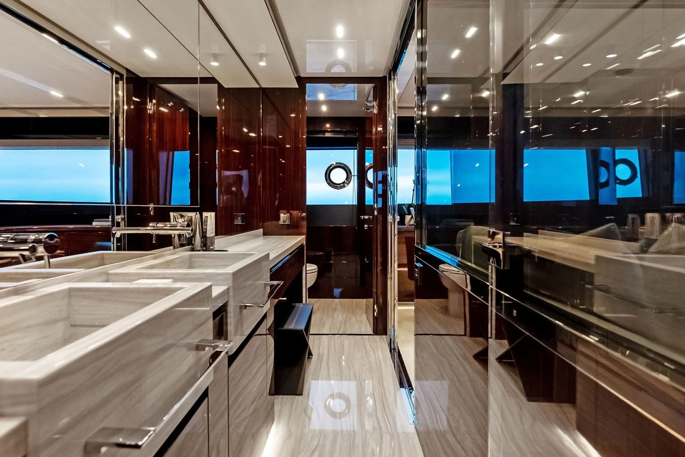 The yacht's bathroom features luxurious finishes and modern fixtures, with ample space and elegant design. aboard FERRETTI  TRADE Yacht for Sale