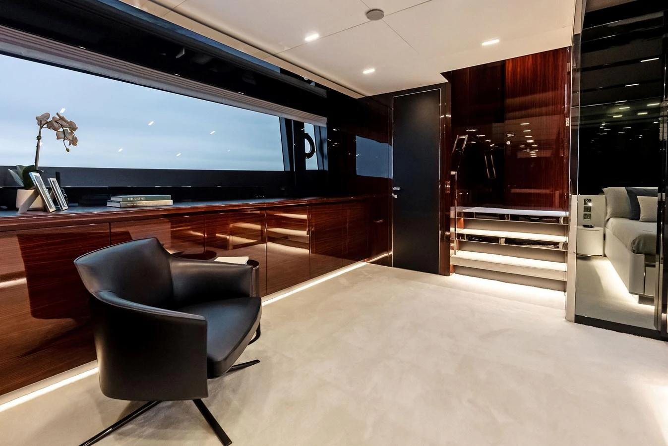 A luxurious yacht interior featuring sleek, modern furnishings and ample natural light. aboard FERRETTI  TRADE Yacht for Sale