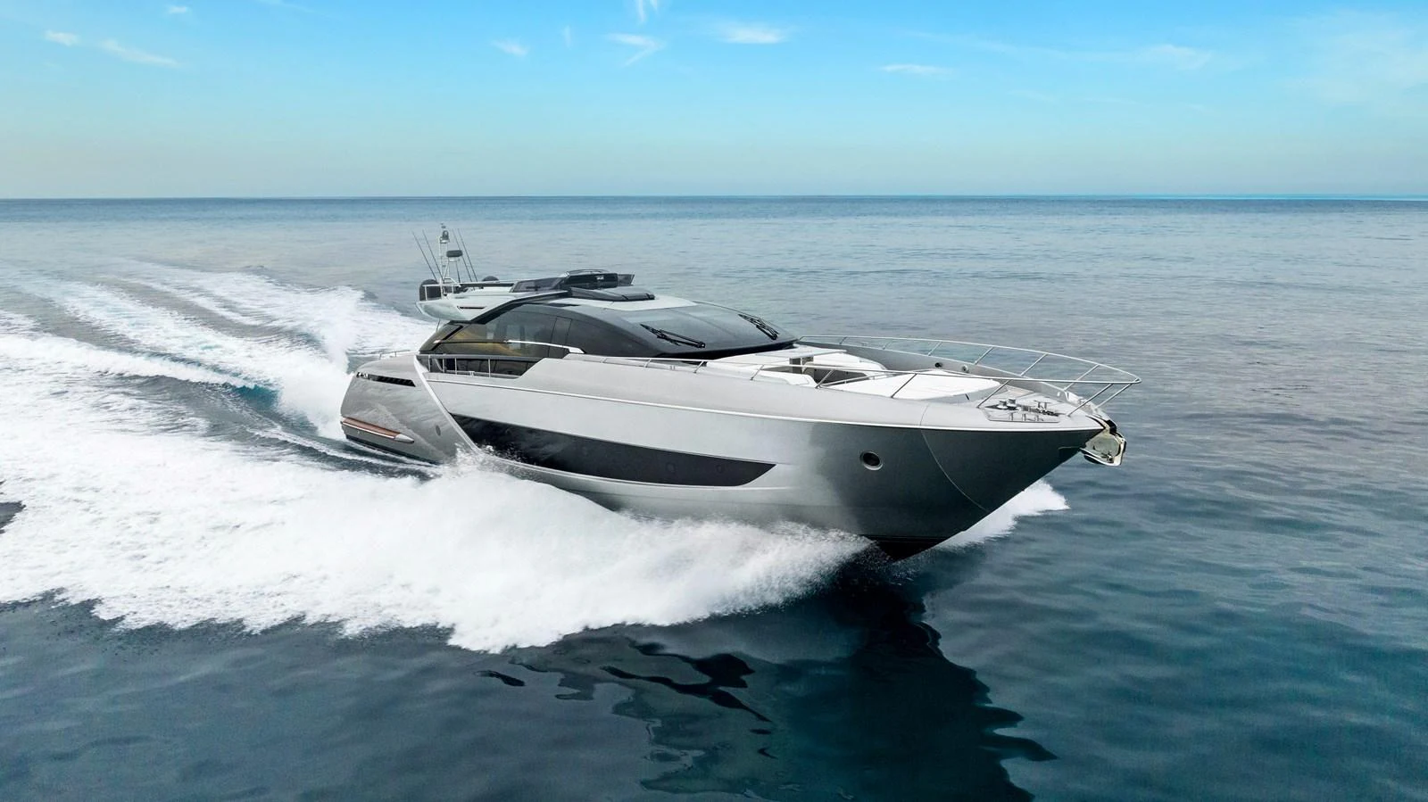 A sleek and modern yacht glides swiftly over calm waters, showcasing its elegant design and powerful performance. aboard FERRETTI  TRADE Yacht for Sale