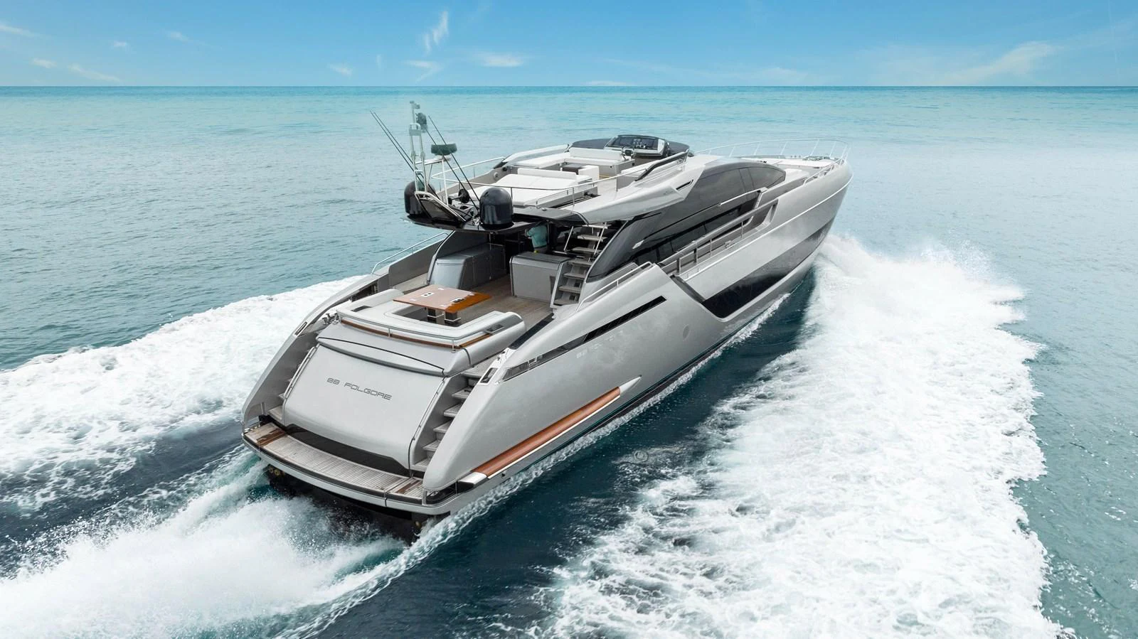A sleek and modern yacht cruises through the open water, showcasing its elegant design and powerful performance. aboard FERRETTI  TRADE Yacht for Sale