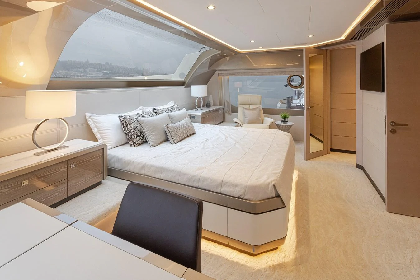 The master stateroom offers a luxurious and spacious retreat with modern furnishings and ample natural light. aboard STILL WATERS Yacht for Sale