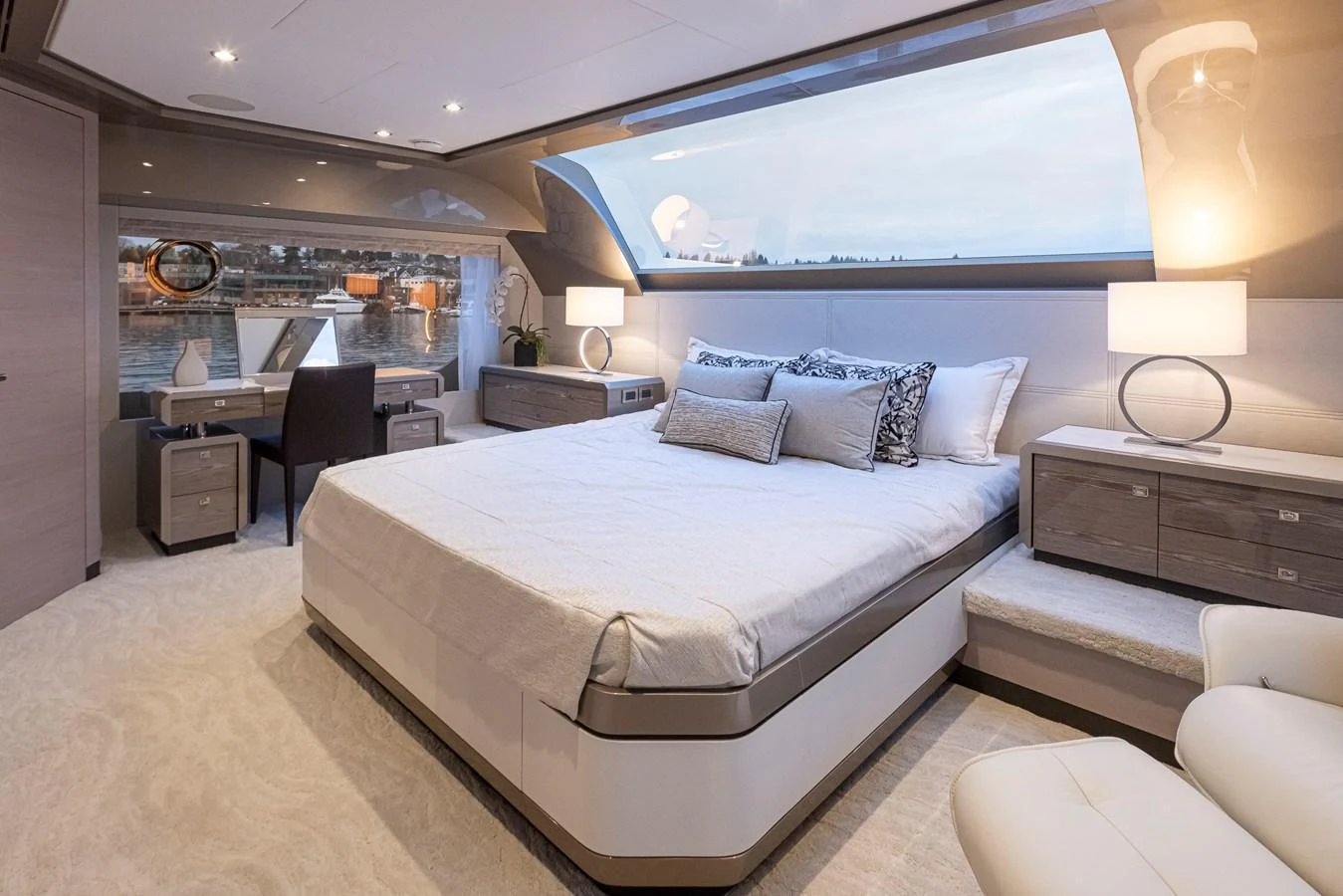 The master stateroom offers a luxurious and spacious retreat with modern furnishings and ample natural light. aboard STILL WATERS Yacht for Sale