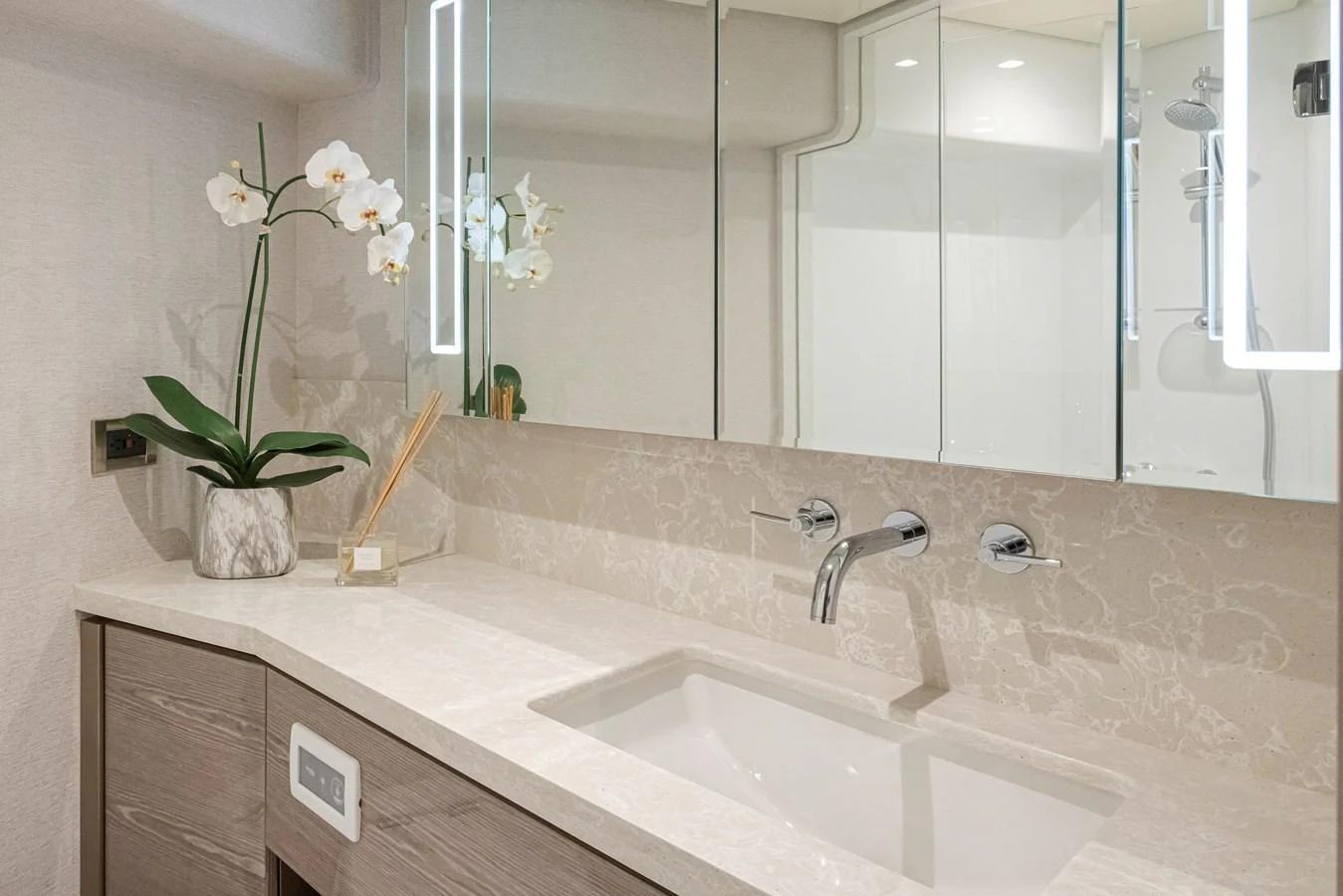A luxurious yacht bathroom with modern fixtures and elegant decor. aboard STILL WATERS Yacht for Sale