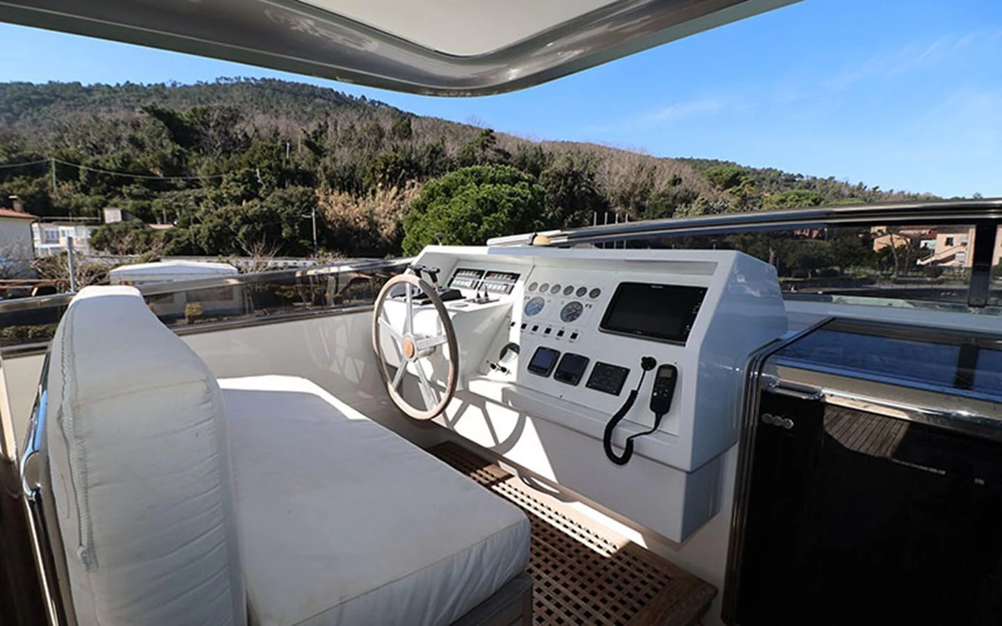 The helm station offers a sleek and modern control area with comfortable seating and advanced navigation equipment. aboard MEP TOGETHER Yacht for Sale