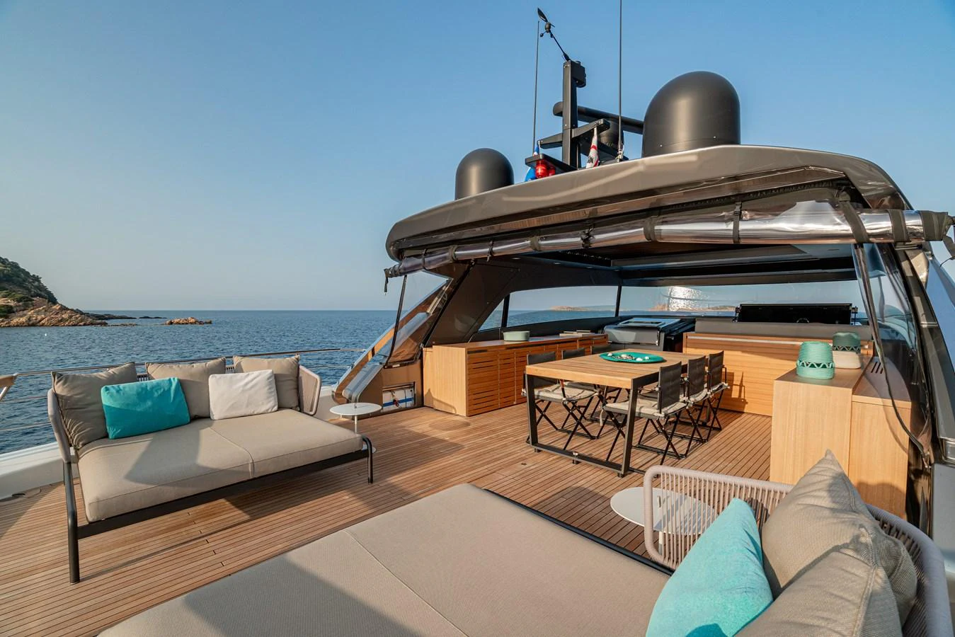 The aft deck offers a spacious and luxurious outdoor living area with comfortable seating and dining options, perfect for enjoying the sea views. aboard SANLORENZO SX 88 M&M Yacht for Sale