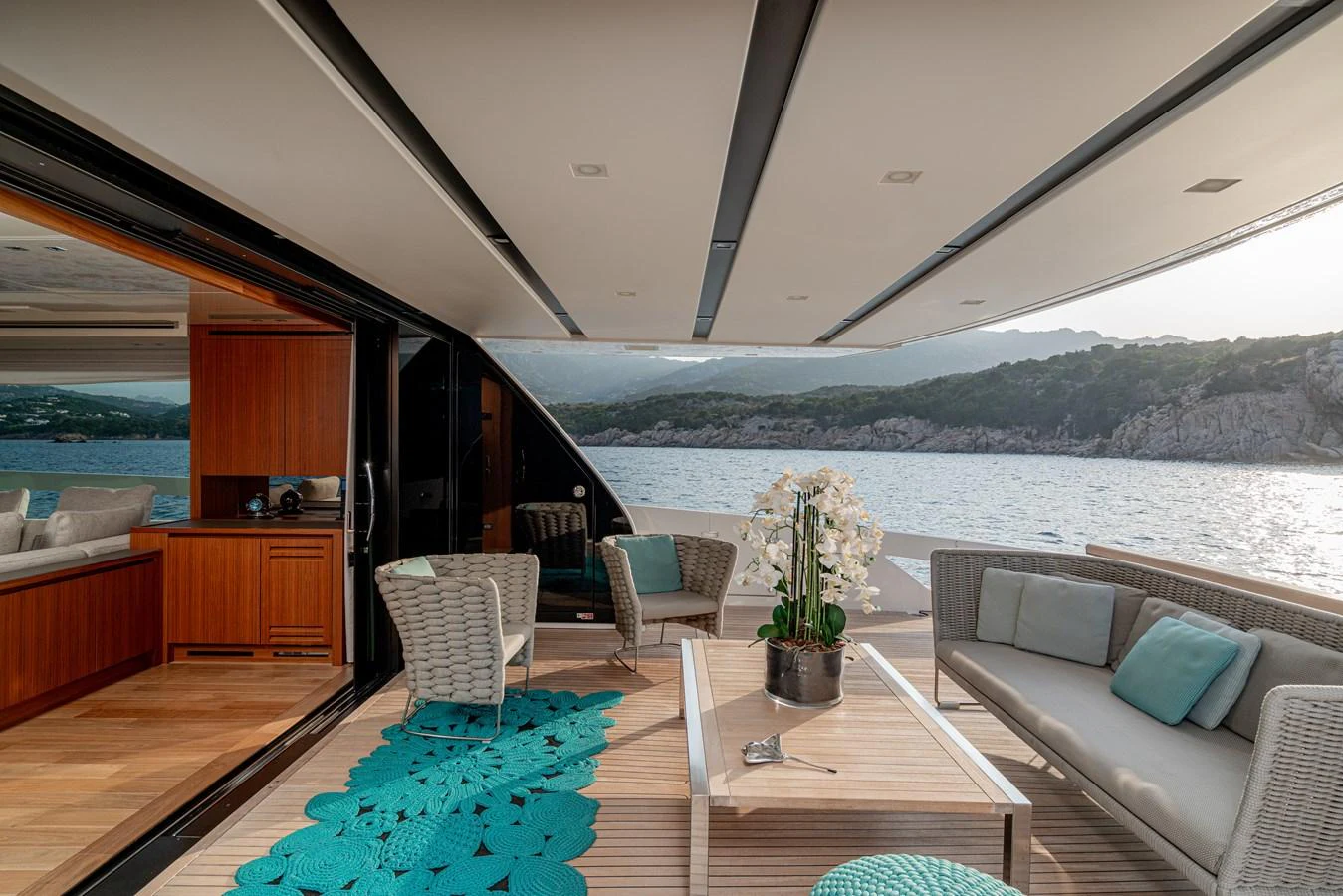 The aft deck offers a luxurious outdoor seating area with stunning views of the surrounding waters. aboard SANLORENZO SX 88 M&M Yacht for Sale