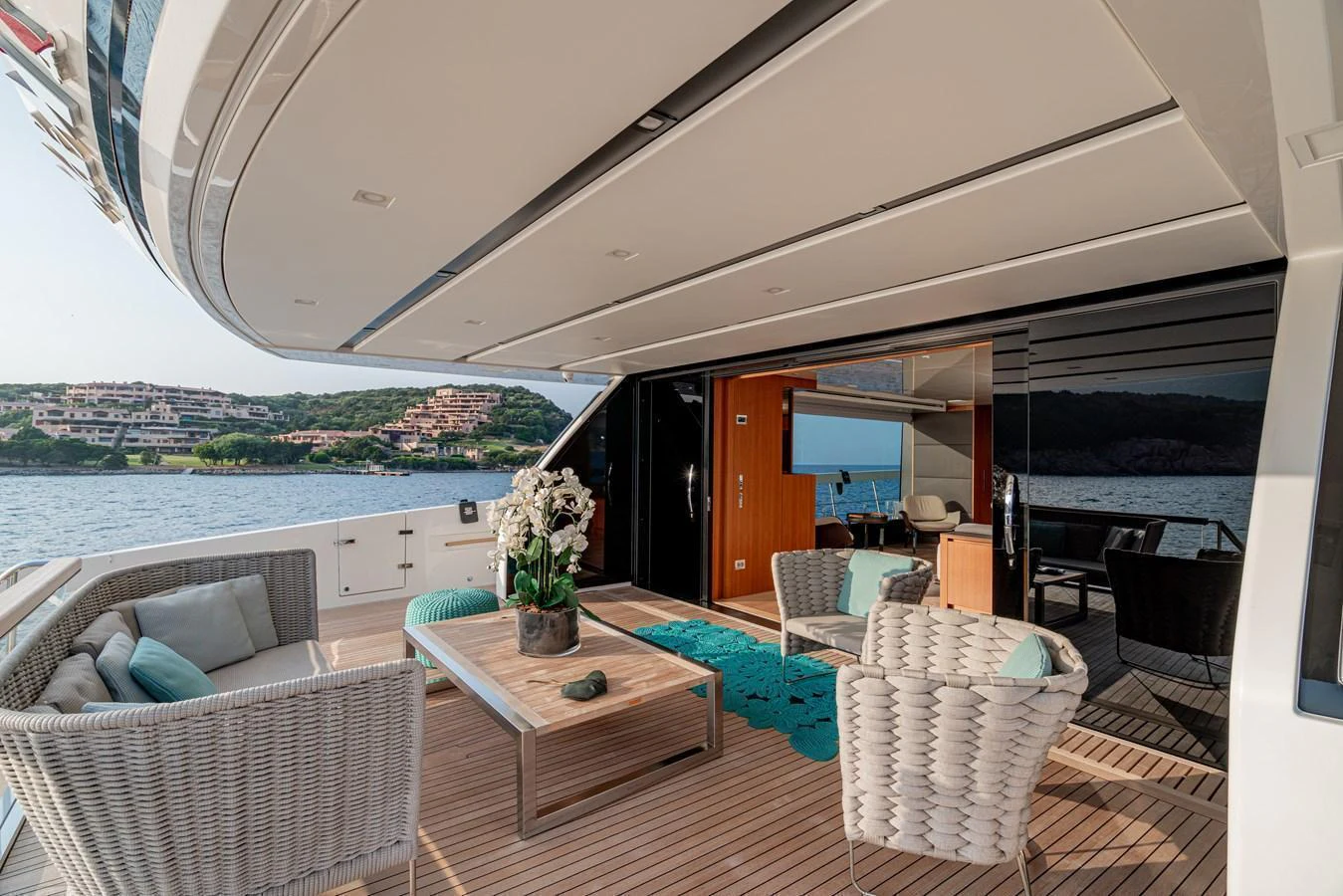 The aft deck offers a luxurious outdoor seating area with stunning views of the surrounding waters. aboard SANLORENZO SX 88 M&M Yacht for Sale