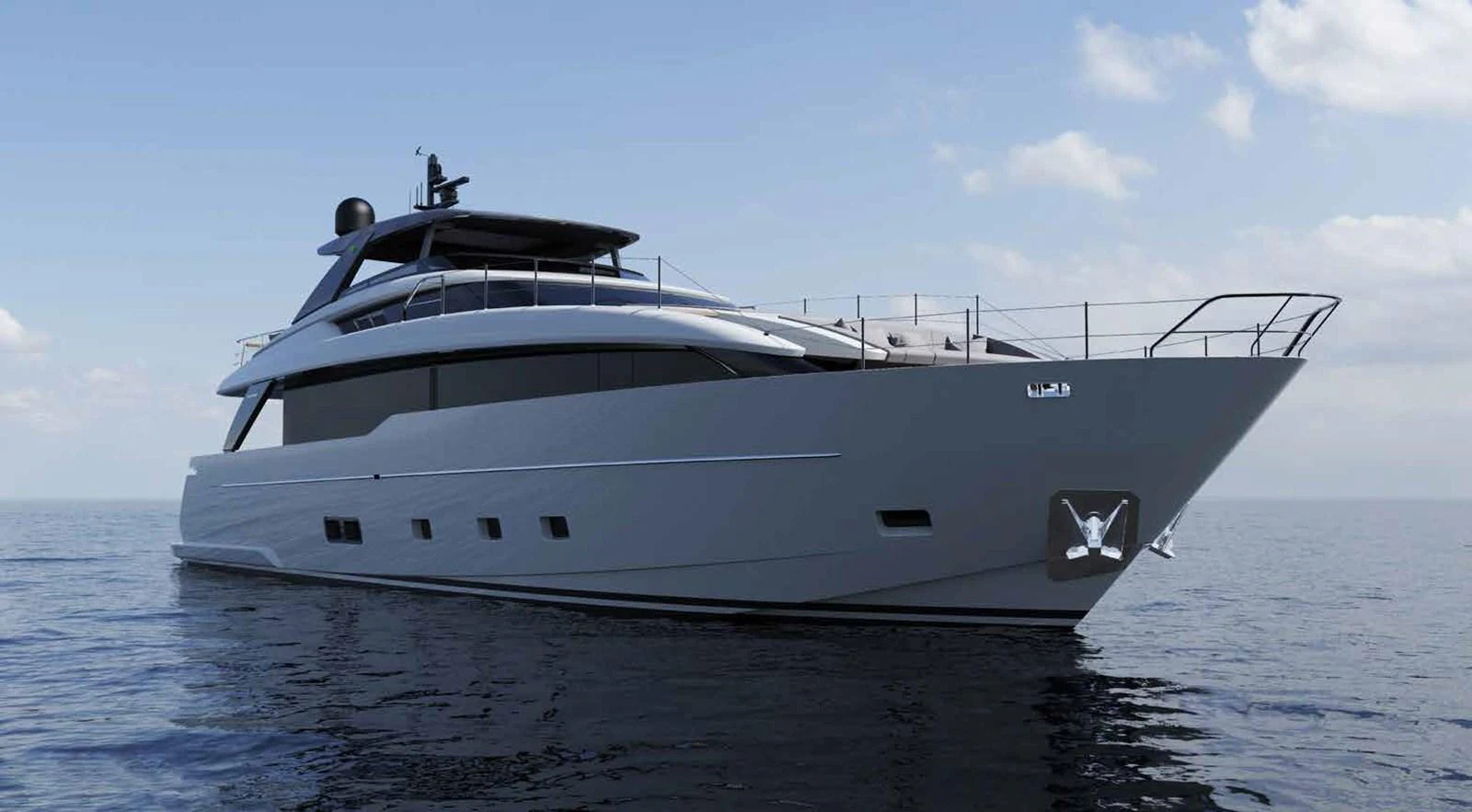 A sleek and modern yacht cruising on calm waters under a clear sky. aboard TELL NO ONE Yacht for Sale
